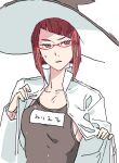  1girl alternate_costume black_hat black_one-piece_swimsuit breasts brown_eyes brown_hair commentary_request fire_emblem fire_emblem_awakening glasses hat jacket large_hat miriel_(fire_emblem) one-piece_swimsuit open_clothes open_jacket red-framed_eyewear short_hair simple_background small_breasts solo sweatdrop swimsuit tsujii_luki white_background white_jacket witch_hat 