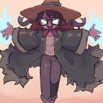  1girl adventure_time betty_grof blank_eyes blue_ribbon brown_hair coat commentary_request crying crying_with_eyes_open flaming_hand glasses green-framed_eyewear green_coat grey_pants hat hat_ribbon highres long_hair long_sleeves magic magic_betty_grof open_clothes open_coat open_mouth pants rectangular_eyewear ribbon shirt simple_background smile solo tears teeth tsujii_luki upper_teeth_only white_shirt yellow_hat 