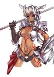  1girl animal_ears arm_tattoo armor ass_visible_through_thighs asymmetrical_gloves bikini_armor black_gloves blue_eyes body_markings breasts breasts_apart caenis_(fate) caenis_(second_ascension)_(fate) chest_tattoo collar cropped_legs dark-skinned_female dark_skin elbow_gauntlets elbow_gloves fate/grand_order fate_(series) gauntlets gloves groin hand_on_own_hip hand_up highres hip_armor holding holding_polearm holding_weapon jonyeld leg_tattoo long_hair looking_at_viewer low_ponytail micro_panties navel over_shoulder panties pauldrons polearm ponytail pubic_tattoo red_tattoo shoulder_armor simple_background solo spear stomach_tattoo tattoo underboob underwear uneven_gloves very_long_hair waist_cape weapon weapon_over_shoulder white_armor white_background white_hair 