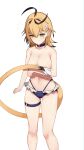  1girl ahoge bikini black_hair blonde_hair blue_bikini breasts cleavage commentary covering_breasts covering_privates dooby dooby_(summer) embarrassed flower green_eyes hair_flower hair_ornament highleg highleg_bikini highres indie_virtual_youtuber jerboa_tail large_breasts medium_hair mole mole_on_thigh multicolored_hair navel skaarl_(artist) solo streaked_hair striped_bikini striped_clothes swimsuit thigh_strap thighs topless_female virtual_youtuber white_background 