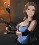  1boy 1girl beretta_92 black_gloves blue_eyes blue_shirt breasts brown_hair cleavage commentary_request fingerless_gloves gloves gun handgun highres holding holding_gun holding_weapon jill_valentine kurone_rinka nemesis_(resident_evil) peeking_out resident_evil resident_evil_3:_nemesis resident_evil_3_(remake) shirt short_hair weapon 