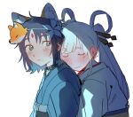  2girls animal_ears blue_hair blue_kimono cho_kaguya-hime! closed_eyes closed_mouth colored_inner_hair commentary forehead_jewel fox_ears fox_girl fox_mask green_eyes hug hug_from_behind japanese_clothes kimono long_hair mask multicolored_hair multiple_girls runami_yachiyo runami_yachiyo_(tsukuyomi) sakayori_iroha sakayori_iroha_(tsukuyomi) sit_north untranslatable_commentary white_background white_hair white_kimono yuri 