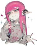  1girl black_hair black_nails blue_eyes blush closed_mouth commentary_request cropped_torso eyelashes fang fingernails gradient_hair grey_sweater heart highres inkling inkling_girl inkling_player_character long_fingernails long_hair long_pointy_ears looking_at_viewer multicolored_hair pink_hair pointy_ears second-party_source sleeves_past_wrists solo sparkle splatoon_(series) spread_fingers sweater tentacle_hair togetoge 