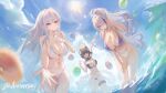  3girls absurdres anniversary aqua_eyes aqua_streaks azur_lane balloon bikini blue_sky breasts cheshire_(azur_lane) cheshire_(summery_date!)_(azur_lane) choker commentary english_commentary english_text enterprise_(azur_lane) enterprise_(bathing_under_sunny_skies)_(azur_lane) eyewear_on_head hair_over_one_eye highleg highleg_bikini highres hiuww large_breasts long_hair manjuu_(azur_lane) multi-strapped_swimsuit multicolored_bikini multicolored_hair multiple_girls navel o-ring o-ring_bikini official_alternate_costume official_alternate_hairstyle palm_leaf partially_submerged purple_bikini purple_choker sky smile streaked_hair sun swimsuit thigh_strap thong thong_bikini two-tone_bikini unzen_(azur_lane) unzen_(sojourn_through_clear_seas)_(azur_lane) water white_bikini 