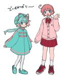  2girls blue_eyes blue_hair blush_stickers closed_mouth commentary_request dress elfilin highres humanization kanafumi_(spindle) kirby kirby_(series) kirby_and_the_forgotten_land long_sleeves looking_at_viewer multiple_girls open_mouth pink_hair simple_background smile 