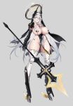  1girl absurdres areola_slip armor ass_visible_through_thighs black_cape black_halo breasts cape commentary_request cross cyborg full_body gauntlets grey_background grey_hair hair_between_eyes half-closed_eyes halo highres holding holding_polearm holding_weapon joints large_breasts long_hair mecha_musume mechanical_arms mechanical_halo mechanical_legs mole mole_under_eye nun nun_headdress original oxygen_mask_(oxygenmask233) pauldrons pelvic_curtain polearm revealing_clothes robot_joints shoulder_armor simple_background single_mechanical_arm single_pauldron solo standing thighhighs thighs torn_cape torn_clothes very_long_hair weapon white_thighhighs wide_sleeves yellow_eyes 