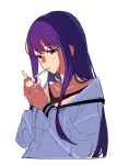  1girl absurdres blue_eyes blue_shirt blush commentary gujyo_kanade highres hino134 holding holding_lighter kamiina_botan_yoeru_sugata_wa_yuri_no_hana lighter lighting_cigarette long_hair purple_hair shirt simple_background smoking solo upper_body white_background 