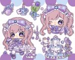  1girl :3 :o ahoge alternate_costume angel_wings animal ankle_bow ankle_flower bear ben-day_dots blue_border blue_flower blue_ribbon border bottle bouquet bow bowtie brooch brown_eyes brown_hair buttons candle candlestand cat center_frills chibi chinese_commentary classic_lolita cloak closed_mouth clothed_animal commentary_request corset cup detached_wings dream's_silhouette_(infinity_nikki) dress dress_bow ear_covers eyelashes eyes_visible_through_hair fire floral_print flower flower_brooch footwear_bow fountain frilled_anklet frilled_bow frilled_dress frills gloves hair_bow halo happy hat hat_ribbon highres holding holding_bouquet holding_flower holding_saucer hood hood_up hooded_cloak infinity_nikki jewelry lace-trimmed_dress lace_trim large_bow layered_dress letterboxed light_blush lolita_fashion long_hair long_sleeves love_letter medium_dress mini_wings momo_(nikki) multiple_views nikki_(series) one_eye_closed open_mouth outline outside_border pantyhose perfume_bottle print_bow purple_border purple_bow purple_bowtie purple_cloak purple_corset purple_dress purple_eyes purple_flower purple_shoes purple_theme rabbit ribbon ribbon-trimmed_dress ribbon_trim saucer screentones shoes smile standing striped_bow striped_bowtie striped_clothes striped_ribbon tareme tea teacup traditional_halo tulip two-tone_border very_long_hair wavy_hair whiskers white_background white_bow white_cat white_dress white_gloves white_outline white_pantyhose wide_sleeves wind_chime winged_animal wings wisteria xiaoyao233082 yellow_halo 