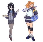  2girls absurdres aged_down aged_up ahoge badge bag black_hair black_jacket black_shoes black_shorts blazer blue_bag blue_bow blue_bowtie blue_eyes blue_jacket blue_shoes bow bowtie breasts bright_pupils brown_shoes busujima_mason_rio button_badge cardigan chess_piece collared_shirt commentary duffel_bag ear_piercing expressionless full_body fully_genderswapped_group genderswap genderswap_(mtf) green_eyes green_trim grey_cardigan grey_socks hair_between_eyes hair_over_shoulder hairband hand_in_pocket hand_up heterochromia high_ponytail highres holding holding_bag holding_chess_piece holding_tennis_racket hypnosis_mic jacket knee_pads korean_commentary lapels loafers long_hair looking_at_another looking_to_the_side medium_breasts miniskirt mole mole_under_eye mole_under_mouth multicolored_jacket multicolored_shoes multiple_girls multiple_moles myamkk72 open_clothes open_jacket open_mouth orange_hair pale_skin pantyhose pencil_skirt piercing plaid_clothes plaid_skirt ponytail racket raised_inner_eyebrows school_uniform shirt shoes short_bangs short_shorts shorts shorts_rolled_up shoulder_bag sideways_glance simple_background skirt smile socks socks_over_pantyhose standing tanlines tennis_racket two-tone_shoes whistle whistle_around_neck whistle_in_mouth white_background white_hairband white_jacket white_pupils white_shirt white_socks yamada_saburo 