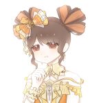  1girl bare_shoulders beads bow bowtie braid brooch brown_hair cchansu chinese_commentary commentary_request crown_braid detached_collar double_bun dress drumbeat_wonders_(infinity_nikki) earrings eyelashes flower flower_earrings frilled_bow frilled_sleeves frills hair_beads hair_bow hair_bun hair_ornament hair_ribbon hand_on_own_chest happy highres infinity_nikki jewelry looking_ahead musical_note musical_note_hair_ornament nikki_(series) off-shoulder_dress off_shoulder official_alternate_color open_mouth orange_bow orange_dress orange_eyes orange_ribbon procreate_(medium) ribbon short_hair short_sleeves sidelocks simple_background single_stripe smile solo sparkling_eyes striped_bow upper_body wavy_hair white_background yellow_bow yellow_bowtie yellow_collar yellow_flower 