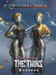  2girls atomic_heart blonde_hair braid breasts character_name clothed_robot commentary crossover english_commentary english_text faceless faceless_female gold_jacket highres humanoid_robot jacket large_breasts left_(atomic_heart) leotard metal_skin multiple_girls official_art open_clothes red_star reverse:1999 right_(atomic_heart) robot robot_girl short_hair siblings star_(symbol) twins 