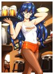  1girl absurdres alcohol alternate_costume arm_behind_head arm_up armpits arms_up bar_stool bare_arms bare_shoulders beer beer_mug blue_eyes blue_hair border brand_of_the_exalt breasts brown_pantyhose collarbone commentary commission covered_navel crotch_seam cup dolphin_shorts employee_uniform english_commentary feet_out_of_frame fire_emblem fire_emblem_awakening hair_between_eyes hand_up highres holding holding_tray hooters indoors long_hair looking_at_viewer lucina_(fire_emblem) mug orange_shorts outside_border pantyhose pantyhose_under_shorts parted_lips print_tank_top short_shorts shorts sirknightbot small_breasts smile solo stool symbol_in_eye tank_top thighs tiara tray very_long_hair waitress walking white_border white_tank_top 