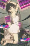  1girl asymmetrical_hair barefoot breasts brown_eyes brown_hair chemise chromatic_aberration commentary_request computer dress entangled from_side full_body glitch hair_ornament highres iwakura_lain jbossor9 kneeling monitor open_mouth parted_lips serial_experiments_lain short_hair sleeveless sleeveless_dress small_breasts solo spaghetti_strap white_dress wire x_hair_ornament 
