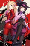  2girls asakura_karen_(heaven_burns_red) ass black_hair black_pantyhose blonde_hair bodysuit boots breasts commentary_request cosplay gloves green_eyes heaven_burns_red highres long_hair looking_at_viewer multiple_girls netarou_(shinra) noir_(persona_5) okumura_haru okumura_haru_(cosplay) panther_(persona_5) pantyhose persona persona_5 pink_gloves red_bodysuit smile takamaki_ann takamaki_ann_(cosplay) thigh_boots tojo_tsukasa yellow_eyes 