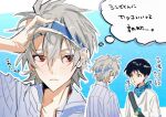  2boys arrow_(symbol) black_hair blush brown_eyes commentary_request crossbody_bag dress_shirt grey_hair hair_between_eyes hairband hand_on_own_head highres ikari_shinji looking_at_another looking_to_the_side male_focus multiple_boys multiple_views nagisa_kaworu neon_genesis_evangelion open_mouth outline rechi_ta red_eyes shirt speech_bubble thought_bubble translation_request upper_body white_outline 