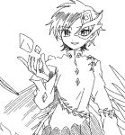  1girl asymmetrical_wings commentary_request greyscale half_mask itomugi-kun iwanaga_ariya long_sleeves looking_at_viewer mask mask_over_one_eye monochrome open_mouth shirt short_hair skeletal_clothes skeletal_wings smile solo stone_skirt touhou wings 