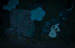  commentary_request cup faucet highres leaf looking_at_viewer mimikyu moss mug night outdoors plant_roots pokemon pokemon_(creature) syousinman tray tree wavy_mouth 