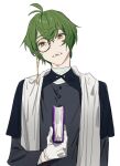  1boy book elbow_gloves gloves green_eyes green_hair hagiwara_daisuke halloween_costume holding holding_book hori-san_to_miyamura-kun iura_shuu long_sleeves looking_at_viewer male_focus monocle open_mouth short_hair simple_background solo teeth upper_body white_background 