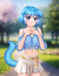  1girl animal_ears aoihana_(neko1967) artist_name bare_shoulders blue_eyes blue_hair blue_shirt commentary commission cowboy_shot crop_top crop_top_overhang dog_ears dog_girl dog_tail english_commentary flat_chest gigamessy hands_on_own_chest hands_up highres jewelry light_blush looking_to_the_side midriff navel necklace original own_hands_together shirt short_hair shorts sideways_glance smile solo spaghetti_strap standing tail white_shorts 