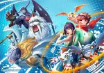  1boy 1girl abstract_background angel angel_and_devil angel_wings angemon arm_belt bandaged_hand bandages bandana bandana_around_neck bare_shoulders belt black_gloves black_hair black_wings blonde_hair blue_eyes bracelet breasts claws covered_eyes cyberspace demon demon_wings devimon digimon digimon_(creature) digimon_story:_time_stranger dress ear_wings elbow_gloves evolutionary_line fangs feathered_wings gloves goggles goggles_on_head gold_bracelet gomamon green_dress green_hat green_jacket grin gun hat helmet helmet_over_eyes holding holding_gun holding_staff holding_weapon holster holstered horns ikkakumon jacket jewelry large_breasts long_arms long_hair mizukirz multicolored_jacket open_mouth pants patamon picodevimon red_eyes red_hair red_scarf scarf sea_lion sharp_teeth short_hair single_horn smile solid_eyes staff stitches teeth thigh_holster thighhighs torn_wings tusks two-tone_dress two-tone_jacket walrus weapon white_gloves white_jacket wings yellow_eyes yuuki_dan yuuki_kanan 