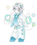  1boy :p above-cleavage_cutout absurdres alternate_costume animal_ear_hairband animal_ears bead_bracelet beads belt black_streaks blue_belt blue_choker blue_eyes blue_leggings blue_shirt bracelet bubble cat_o-ring choker clothing_cutout contrapposto cropped_legs cross-laced_clothes cross-laced_shorts curtained_hair drawstring dreonya ensemble_stars! fake_animal_ears fake_tail grey_hair hairband hands_up head_tilt highres hood hooded_jacket jacket jewelry leggings long_sleeves male_focus multicolored_hair o-ring o-ring_belt one_eye_closed open_clothes open_jacket parted_bangs pointing pointing_at_self shirt shorts simple_background solo streaked_hair tail taki_ibuki tiger_boy tiger_ears tongue tongue_out v-shaped_eyebrows white_background white_jacket white_shorts wide_sleeves 