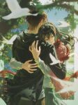  1boy 1girl bird black_hair black_hoodie blue_sky blush brown_hair cardigan closed_mouth commentary_request crying crying_with_eyes_open dated eren_yeager grey_skirt height_difference high_ponytail highres hood hood_down hoodie hug long_hair long_sleeves mikasa_ackerman open_cardigan open_clothes open_hoodie outdoors pink_cardigan ponytail red_scarf scarf shingeki_no_kyojin shirt skirt sky tears tree twitter_username upper_body white_bird white_shirt yabi_oblivion 