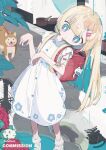  1girl animal_on_arm backpack bag bag_charm barcode barcode_tattoo blonde_hair blue_eyes bright_pupils charm_(object) commentary_request commission dog dress hair_ornament hairclip highres long_hair looking_at_animal original puddle rain randoseru short_sleeves snail solo standing suzukou tattoo white_dress white_pupils 