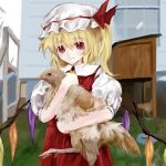  1girl animal ascot bird blonde_hair blush bow charlielee86545 chicken closed_mouth collared_shirt commentary crystal crystal_wings flandre_scarlet hat hat_bow highres holding holding_animal looking_at_viewer mob_cap multicolored_wings one_side_up outdoors puffy_short_sleeves puffy_sleeves red_bow red_eyes red_skirt red_vest shirt short_sleeves skirt skirt_set smile solo touhou vest white_hat white_shirt wings yellow_ascot 