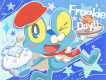  >_o blue_eyes blush_stickers character-themed_food character_name commentary_request froakie hat highres holding holding_tray neckerchief no_humans one_eye_closed open_mouth outline pokemon pokemon_(creature) pokemon_cafe_remix red_hat red_neckerchief runachikku running solo star_(symbol) swablu tray vulpix white_outline 