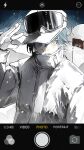  1boy absurdres blue_hair blush colored_skin commentary danganronpa_(series) danganronpa_v3:_killing_harmony fake_phone_screenshot fake_screenshot flag gloves goggles goggles_on_headwear hand_up hat high_collar highres jacket long_sleeves male_focus masaya564 open_mouth outdoors saihara_shuichi short_hair snow solo untranslatable_commentary upper_body user_interface white_gloves white_hair white_hat white_jacket white_skin 