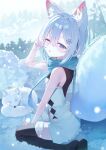  1girl absurdres animal_ear_fluff animal_ears arctic_fox armpit_crease asymmetrical_legwear bare_arms bare_shoulders between_legs black_thighhighs blue_eyes blue_scarf blush breasts clothing_cutout commentary_request day diamond_cutout double-parted_bangs dress enokinoko1010 enpera fox_ears fox_girl fox_tail from_side grey_hair hair_between_eyes hair_ornament hand_between_own_legs hand_on_ground hand_up highres looking_at_viewer looking_to_the_side medium_hair mismatched_legwear mismatched_thighhighs on_ground one_eye_closed original outdoors parted_lips raised_eyebrows rubbing_eyes scarf side_cutout sitting sleepy sleeveless sleeveless_dress small_breasts snow snowflake_hair_ornament snowing solo spaghetti_strap strap_slip tail tail_through_clothes thighhighs turning_head wariza white_dress white_thighhighs winter 