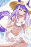  1girl animal_ears bare_shoulders beach beach_towel bikini bikini_skirt blush breasts cleavage collarbone commentary_request ears_through_headwear hanamura_pink hat highres horse_ears horse_girl horse_tail long_hair looking_at_viewer lying medium_breasts mejiro_mcqueen_(umamusume) navel on_side outdoors parted_lips purple_eyes purple_hair see-through_clothes see-through_skirt skirt stomach sun_hat swimsuit tail towel umamusume white_bikini 