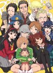 >_< 6+boys 6+girls absurdres adachi_tooru amagi_yukiko anniversary arm_around_shoulder bike_shorts bike_shorts_under_skirt black_hair black_jacket black_pantyhose black_sailor_collar black_thighhighs blonde_hair blue_hat blue_jacket blush brown_eyes brown_hair can checkered_clothes choker closed_mouth commentary_request doujima_nanako doujima_ryoutarou green_eyes green_jacket grey_eyes grey_hair grey_shirt grin hairband hanamura_yousuke hand_on_another's_shoulder hat highres holding holding_can hug hug_from_behind indian_style jacket knees_up kujikawa_rise kuma_(human)_(persona_4) kuma_(persona_4) kurosususu long_hair long_sleeves looking_at_viewer low_twintails marie_(persona_4) multiple_boys multiple_girls narukami_yu neckerchief necktie one_eye_closed open_mouth pantyhose parted_lips persona persona_4 persona_4_the_golden pleated_skirt red_choker red_hairband red_necktie red_sweater sailor_collar satonaka_chie school_uniform seiza shirogane_naoto shirt short_hair sitting skirt smile socks suit_jacket sweater tatsumi_kanji thighhighs thumbs_up track_jacket twintails white_shirt white_socks wing_collar yasogami_school_uniform yellow_background yellow_neckerchief 