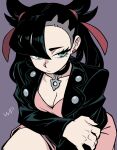  1girl asymmetrical_bangs asymmetrical_hair black_choker black_hair black_jacket breasts choker cleavage closed_mouth collarbone commentary dress earrings green_eyes hair_ribbon highres jacket jewelry marnie_(pokemon) open_clothes open_jacket pink_dress pokemon pokemon_sword_and_shield red_ribbon ribbon simple_background small_breasts solo win_pando 