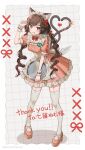 1girl :p animal_ear_fluff animal_ears apron arm_up artist_name badge blush bow breasts button_badge cat_ears cat_girl cat_tail commentary_request commission cross_stitch dango detached_collar dress flower_in_eye food frilled_apron frilled_dress frilled_wrist_cuffs frills full_body garter_straps heart heart_tail highres holding holding_tray long_hair looking_at_viewer maid maid_headdress medium_breasts multiple_tails nekomata original petticoat pink_dress platform_heels red_bow red_eyes red_ribbon ribbon skeb_commission solo square_neckline standing symbol_in_eye tail tail_ornament tail_ribbon taranboman thank_you thighhighs tongue tongue_out tray twintails twitter_username two_tails wagashi waist_apron waitress white_thighhighs wrist_cuffs zettai_ryouiki 