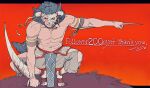  1boy absurdres animal_ears arm_tattoo barefoot blood blood_on_weapon clothing_cutout commentary_request grass highres horned_mask inukura looking_at_viewer male_focus mask muscular muscular_male nipples original pants pectorals red_background red_eyes short_hair smile solo squatting tattoo topless_male weapon 
