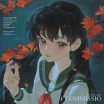  1girl autumn_leaves black_hair branch breasts brown_eyes commission green_sailor_collar hand_up highres higurashi_kagome inuyasha leaf long_hair long_sleeves looking_at_viewer maple_leaf medium_breasts mihuashi_commission neckerchief nemuri_hitsuji_inshi parted_lips red_neckerchief sailor_collar school_uniform serafuku shirt solo upper_body water watermark watermark_grid white_shirt 