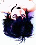  1girl bare_shoulders black_choker black_hair black_lips blue_eyes choker highres ilya_kuvshinov lipstick looking_at_viewer lying makeup original short_hair solo white_background 