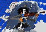  1boy afro black_hair blue_sky brook_(one_piece) commentary digus_isekai hat holding holding_instrument holding_violin instrument laboon one_piece playing_instrument scar scar_on_face skeleton sky violin whale 