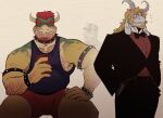  3boys absurdres arm_hair armlet artist_self-insert asgore_dreemurr bara beard black_pants black_suit black_tank_top blonde_hair blush bow bowser bowtie bracelet chest_hair claws collar commentary english_commentary facial_hair fangs floppy_ears flying_sweatdrops furry furry_male grin hands_in_pockets highres holding holding_phone horns jewelry looking_to_the_side male_focus mario_(series) multiple_boys original pants phone red_hair red_shirt red_shorts shirt shorts sitting smile spiked_armlet spiked_bracelet spiked_collar spikes suit tank_top tony_(xeoniios) utdr_(toby_fox) 