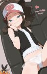  1girl absurdres artist_name baseball_cap black_vest blue_eyes blush bottomless brown_hair commentary_request couch hand_on_own_face hat heart highres hilda_(pokemon) lace lace_panties long_hair looking_at_viewer moai_t on_couch panties pokemon pokemon_black_and_white ponytail seductive_smile shirt side-tie_panties smile spread_legs sweat tepig underwear vest white_panties white_shirt wristband 