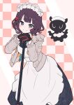  1girl absurdres apron black_dress blue_eyes blush breasts commentary_request dress fate/grand_order fate_(series) gloves grey_jacket hair_bun hair_ornament hairclip harurukan highres hood hooded_jacket jacket katsushika_hokusai_(fate) katsushika_hokusai_(festival_outfit)_(fate) large_breasts long_sleeves looking_at_viewer maid_headdress mop octopus open_clothes open_jacket purple_hair short_hair smile toto-sama_(fate) white_apron 