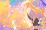  2girls autumn blonde_hair blue_eyes commentary english_commentary flat_chest ginkgo_leaf hands_in_pockets highres leaf long_hair looking_at_viewer multiple_girls original overall_shorts overalls pumpkinspicelatte short_hair smile thighhighs twintails white_hair 
