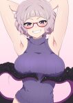  1girl absurdres armpits arms_behind_head arms_up bare_shoulders blue_eyes blush breasts commentary_request fate/grand_order fate_(series) glasses grey_hair grey_sweater grin harurukan highres jacques_de_molay_(foreigner)_(fate) large_breasts looking_at_viewer presenting_own_armpit semi-rimless_eyewear short_hair sleeveless sleeveless_sweater smile solo sweater tentacles turtleneck turtleneck_sweater under-rim_eyewear 