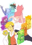  2girls 2others 5boys 7_colored_flowers_(deltarune) absurdres animal_ears anniemie2 aqua_(deltarune) aqua_dress aqua_skin asgore_dreemurr bandana black_hair blonde_hair blue_(deltarune) blue_skin boxing_gloves capelet cat_ears cat_girl closed_eyes colored_skin commentary cowboy_hat deltarune dress english_commentary flowery_(deltarune) flowey_(undertale) green_(deltarune) hat highres mad_mew_mew mouse_(animal) multiple_boys multiple_girls multiple_others orange_(deltarune) orange_bandana orange_vest pink_hair seth_(deltarune) simple_background smile tutu two-tone_vest undertale utdr_(toby_fox) vest white_background yellow_(deltarune) yellow_skin 