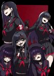  1girl 2girls black_choker black_hair blue_archive blush breasts choker commentary_request feathered_wings hair_ornament hairclip highres hime_cut ichika_(blue_archive) justice_task_force_member_(blue_archive) long_hair low_wings multiple_girls multiple_persona nagai_negi red_eyes school_uniform serafuku wings 