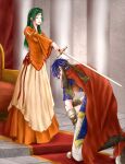  1boy 1girl aplche bent_over blue_hair breasts canon_event closed_eyes commentary_request dress earrings elincia_ridell_crimea fire_emblem fire_emblem:_path_of_radiance green_hair headband holding holding_sword holding_weapon ike_(fire_emblem) indoors jewelry knighting long_hair medium_breasts on_one_knee orange_dress short_hair sword weapon 