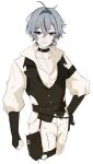  1boy absurdres aofuji0908 belt belt_buckle belt_collar black_belt black_choker black_gloves black_vest blue_hair buckle choker closed_mouth collar collarbone collared_shirt cropped_legs double-parted_bangs earrings fingerless_gloves genshin_impact gloves hair_between_eyes highres jewelry lohen_(genshin_impact) lohen_(standardized_test)_(genshin_impact) long_sleeves male_focus multicolored_eyes official_alternate_costume open_collar pants piercing pouch shirt short_hair simple_background single_earring smile solo studded_belt studs thigh_belt thigh_strap vest white_background white_pants white_shirt 