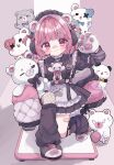  1girl absurdres animal animal_ears animal_hands apron bandaid bandaid_on_face bandaid_on_leg bandaid_on_nose bandaid_on_thigh bear bear_ears bear_girl black_dress black_leg_warmers black_shoes blunt_bangs blush closed_mouth commentary_request dress fishnet_thighhighs fishnets frilled_apron frilled_dress frills full_body gloves hair_ornament hairclip highres indie_virtual_youtuber leg_warmers long_sleeves looking_at_viewer maid_headdress necoyu_(yuyudomino) original outline parallel_hairclips paw_gloves pink_hair red_eyes seto_warabi shoes short_hair sleeves_past_fingers sleeves_past_wrists smile solo thighhighs virtual_youtuber white_apron white_outline 