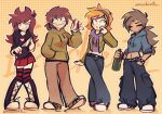  4girls :3 :o adapted_costume alcohol alternate_hair_length_(longer) antenna_hair artist_name belt black_boots black_hoodie black_nails black_thighhighs blue_belt blue_eyes blue_hoodie blue_pants boots bottle breasts brown_eyes brown_hair brown_pants can checkered_belt checkered_shoes checkered_wristband cola commentary denim drawstring drink drink_can eddsworld ell_(eddsworld) emo_fashion emocheeto english_commentary eyebrow_piercing face_piercing flipped_hair freckles green_hoodie green_jacket green_shoes hair_bobbles hair_ears hair_ornament hairband hand_in_pocket hand_up highres holding holding_bottle holding_can holding_drink holding_knife hollow_eyes hood hood_down hoodie jacket jeans knife lapels long_hair long_sleeves looking_at_viewer low_ponytail matilda_(eddsworld) medium_breasts midriff multiple_girls navel_piercing official_alternate_costume open_clothes open_jacket orange_hair pants piercing pleated_skirt ponytail purple_hairband purple_hoodie purple_shoes red_skirt red_thighhighs shoes short_hair skirt smile sneakers striped_clothes striped_thighhighs swept_bangs tamara_(eddsworld) thick_lineart thighhighs toon_(style) tori_(eddsworld) wristband zettai_ryouiki 